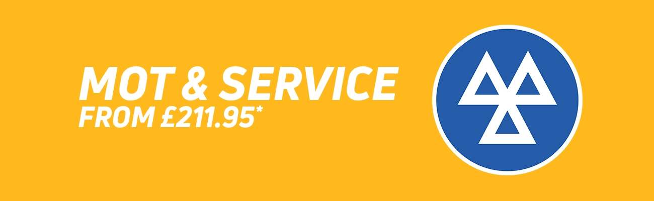  A yellow background with the MOT icon with text reading MOT & Service from &pound;211.95*